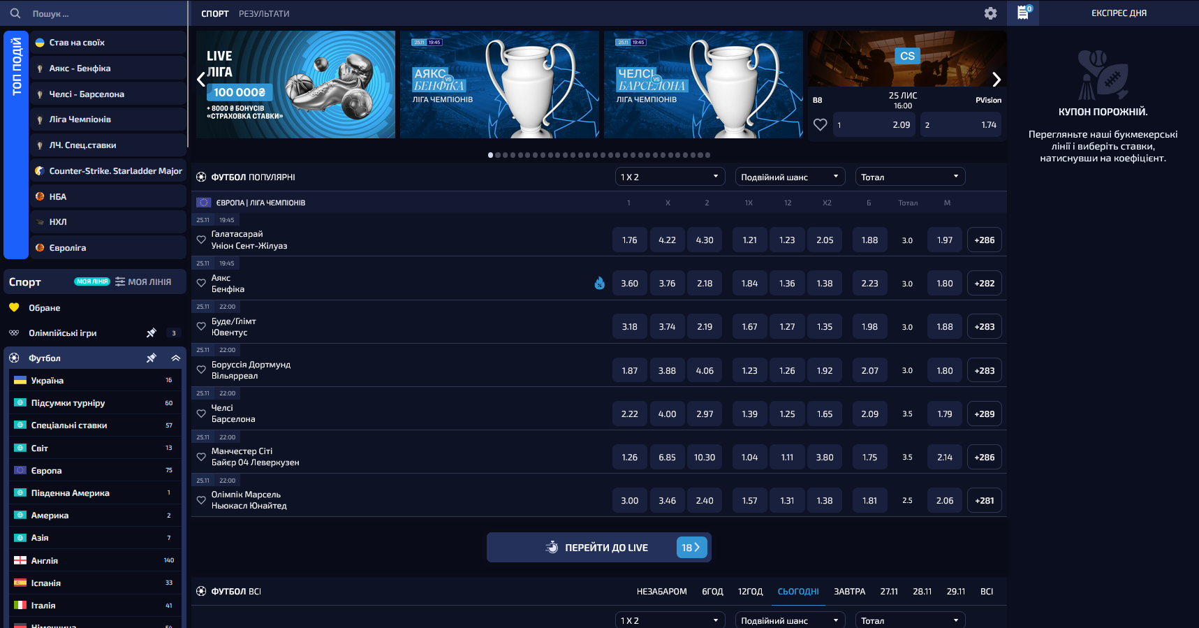 Спортивная линия Allwin UA Casino с матчами и росписью рынков